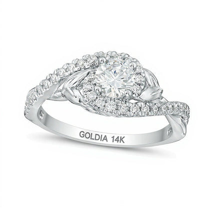 0,75 ct. Gesamtgewicht Diamant-Verlobungsring Solitär mit seitlichem Besatz und Blattmotiv im Bypass-Design in 14K Weißgold