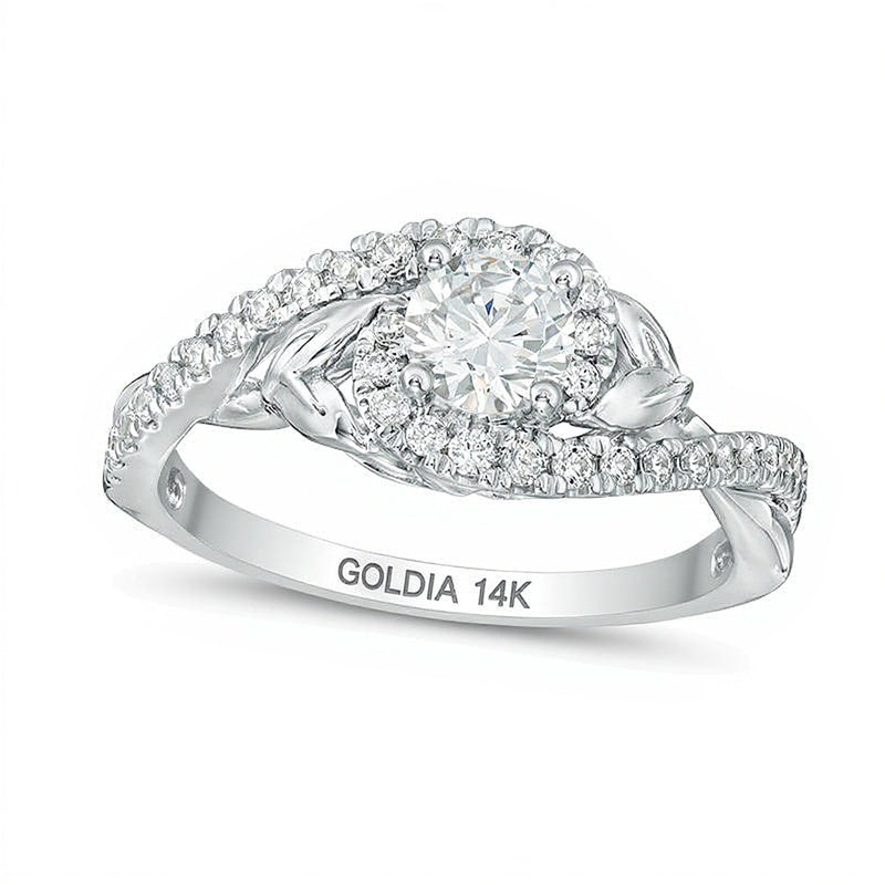 0,75 ct. Gesamtgewicht Diamant-Verlobungsring Solitär mit seitlichem Besatz und Blattmotiv im Bypass-Design in 14K Weißgold