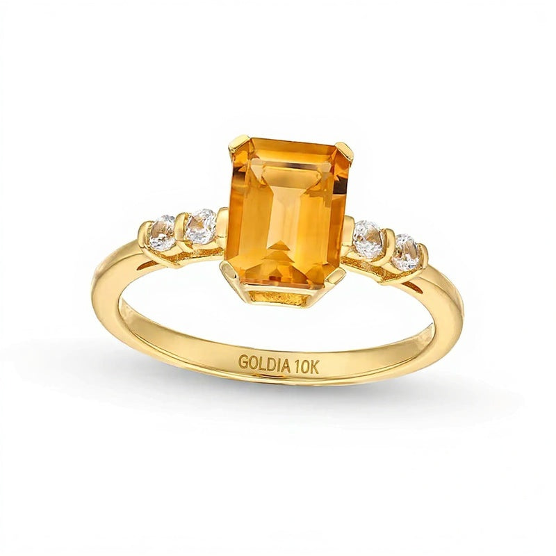 Ring mit Citrin im Smaragdschliff und 0.1 ct. Gesamtgewicht Diamanten 10K Gelbgold
