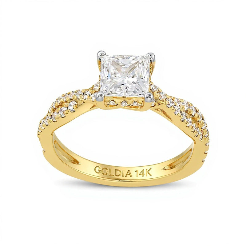 1,38 ct. Gesamtgewicht Verlobungsring mit Labordiamanten im Princess- und Rundschliff, Halo, in 14K Gelbgold (I/SI2)
