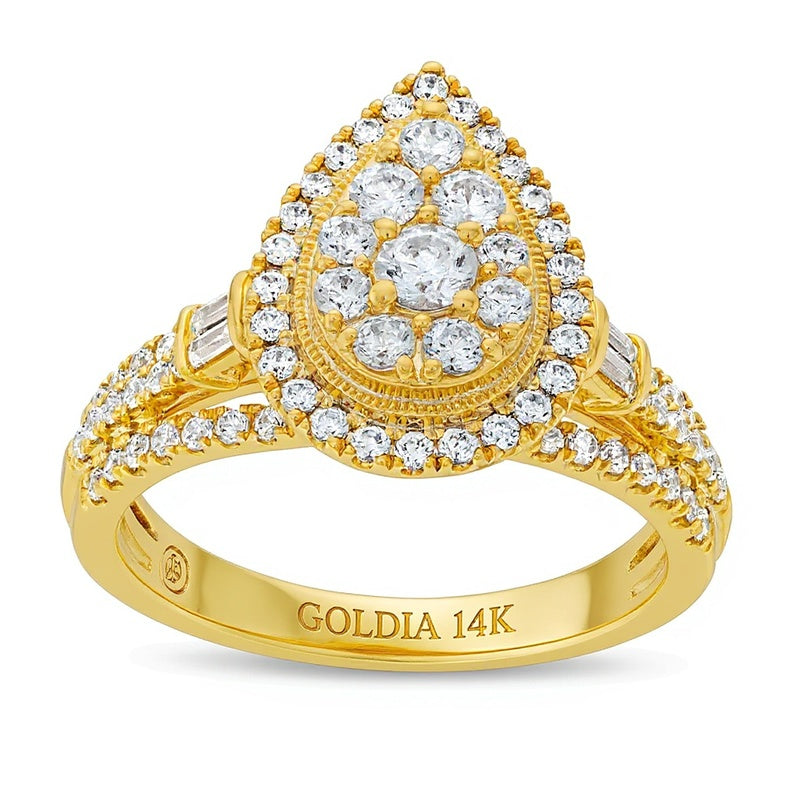1.0 ct. Gesamtgewicht Halo-Verlobungsring mit Diamanten in Baguette-, rund- und Tropfenschliff in 14K Gelbgold