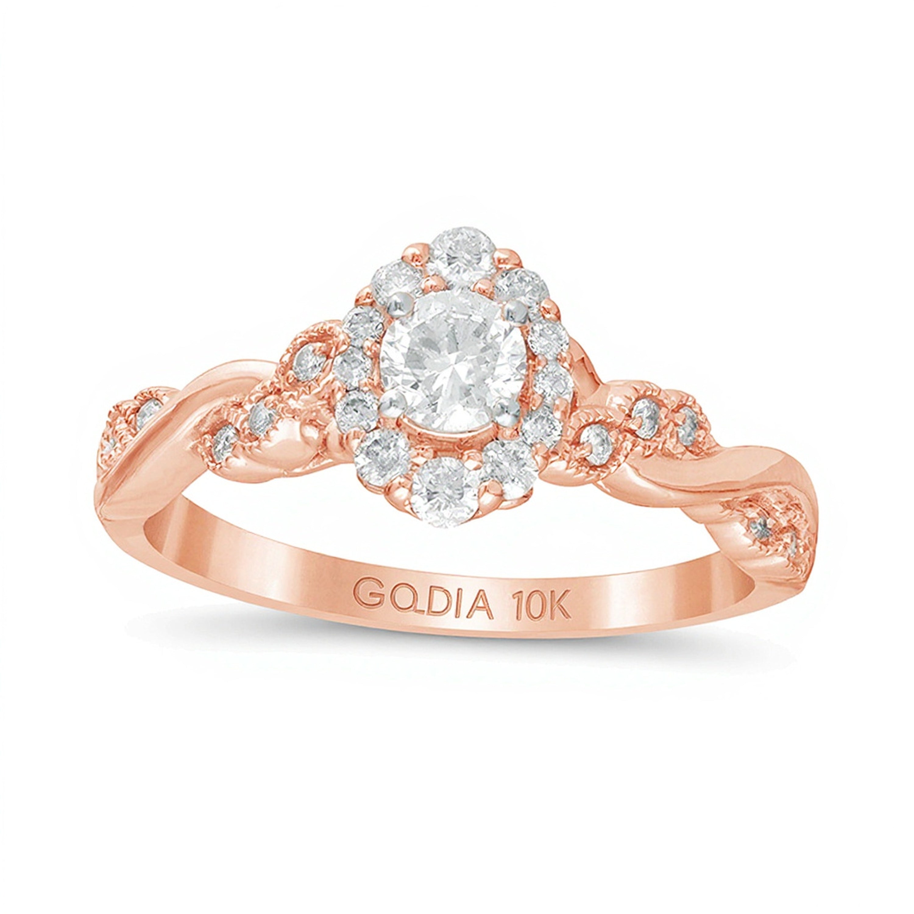 Verlobungsring mit Halo im Vintage-Stil und gedrehter Ringschiene, 0.5 CT. Gesamtgewicht Diamant in 10K Roségold