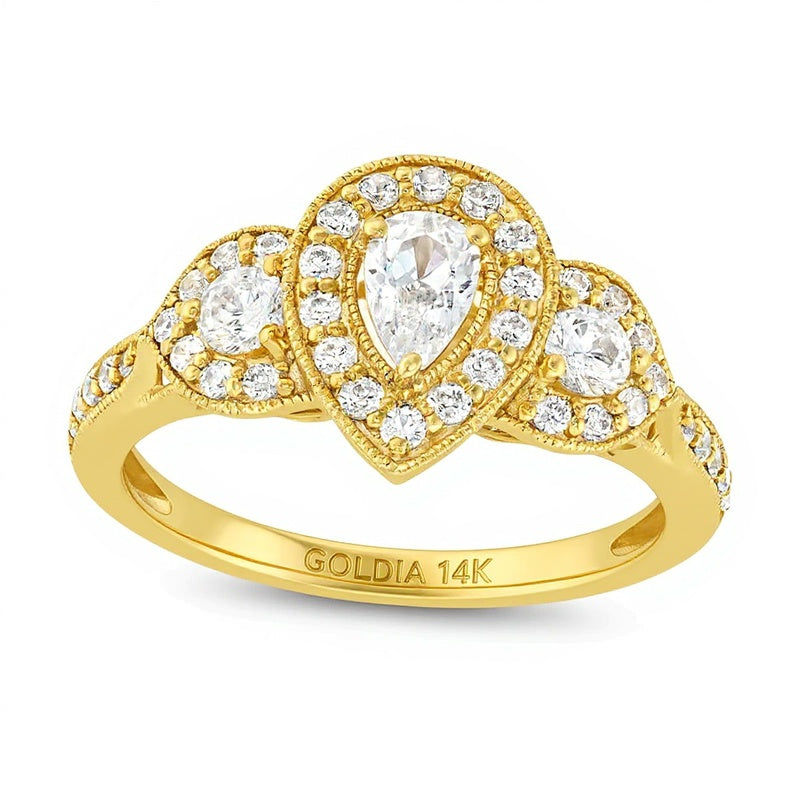 0,75 ct. Gesamtgewicht Dreistein-Verlobungsring mit Diamanten in tropfenförmigem und rundem Schliff in 14K Gelbgold