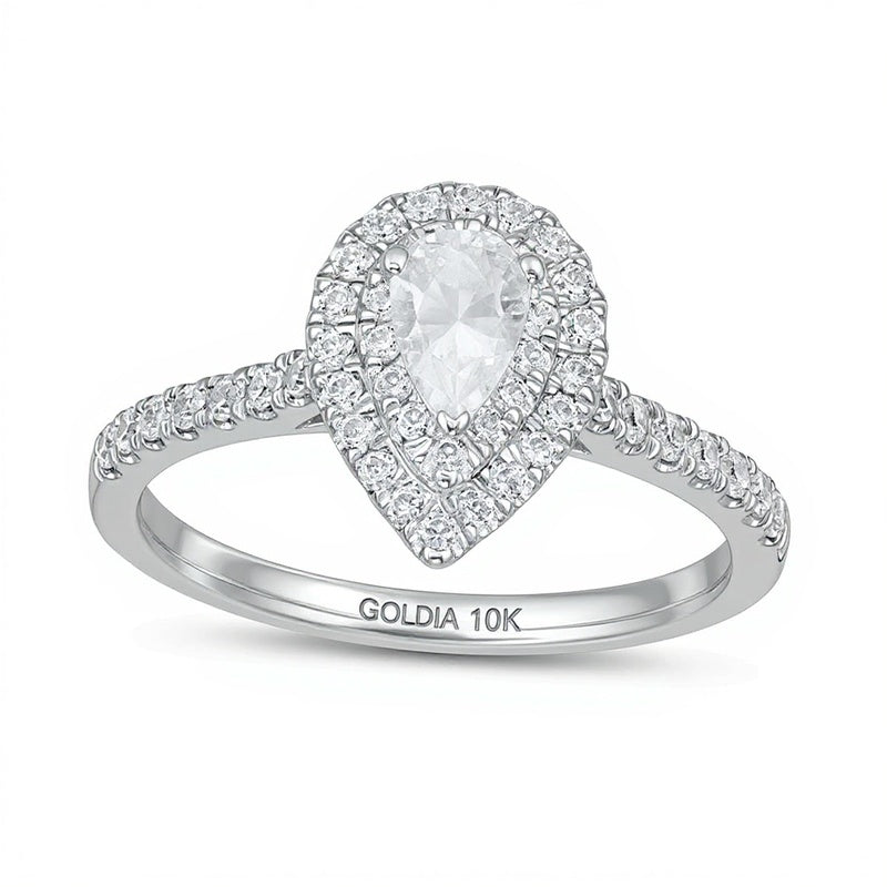 0.88 ct. Gesamtgewicht Verlobungsring mit tropfenförmigem Diamant und doppeltem Halo in 10K Weißgold (I/I2)