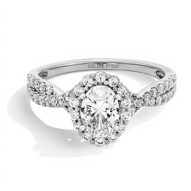 1.0 CT. Gesamtgewicht Verlobungsring mit ovalem Labordiamant und Halo aus Platin (F/SI2)