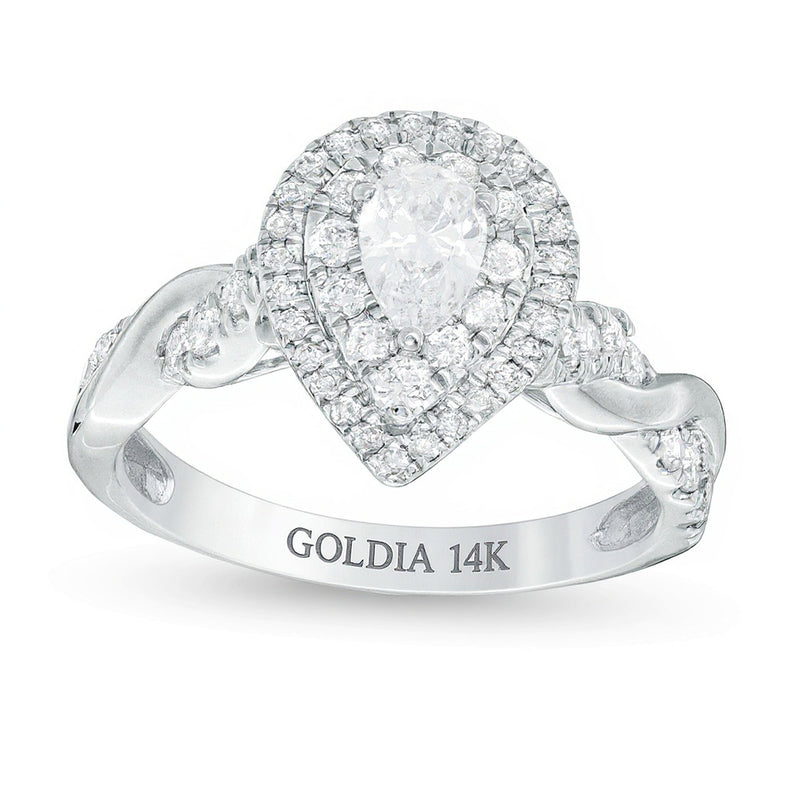 1.0 CT. Gesamtgewicht Halo Verlobungsring mit Diamanten im Tropfen- und Rundschliff in 14K Weißgold