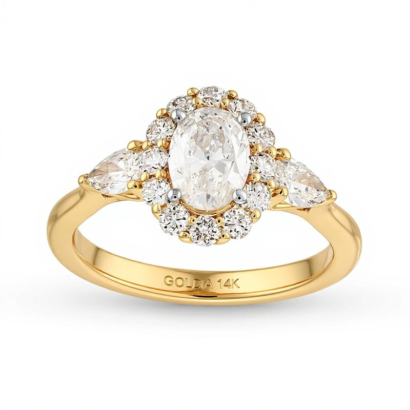 1.75 CT. Gesamtgewicht Verlobungsring mit ovalem Diamant, Halo und Blattseiten aus 14K Gelbgold