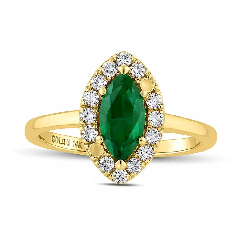 Ring mit Smaragd im Marquise-Schliff und Diamanten 0,25 ct. Gesamtgewicht als Halo in 14K Gelbgold