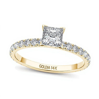 Solitär mit seitlichem Besatz Verlobungsring mit Diamanten im Princess- und Rundschliff 1.0 ct. Gesamtgewicht in 14K Gelbgold
