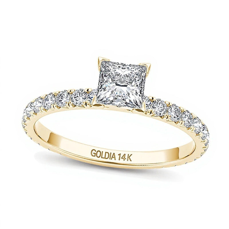 Solitär mit seitlichem Besatz Verlobungsring mit Diamanten im Princess- und Rundschliff 1.0 ct. Gesamtgewicht in 14K Gelbgold
