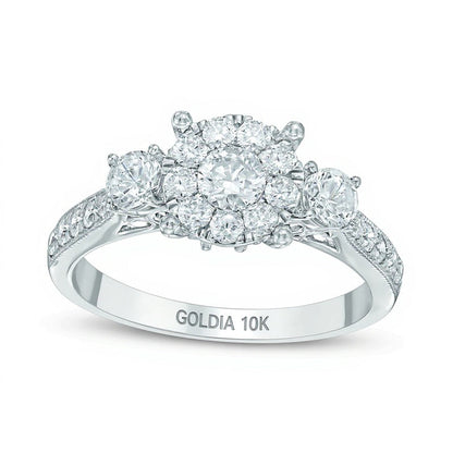 1.0 CT. TW Dreistein-Verlobungsring mit Diamant und rosa Saphir in 10K Weißgold für Damen