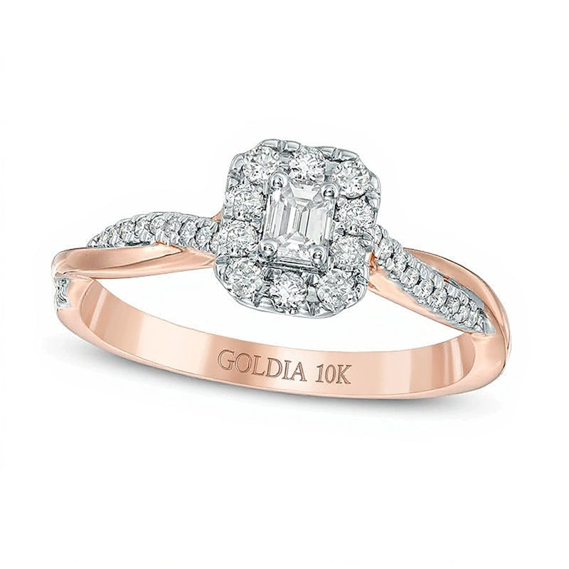 0.38 ct. Gesamtgewicht Verlobungsring mit Diamanten im Smaragdschliff und Halo, gedrehter Ringschiene, in 10K Roségold
