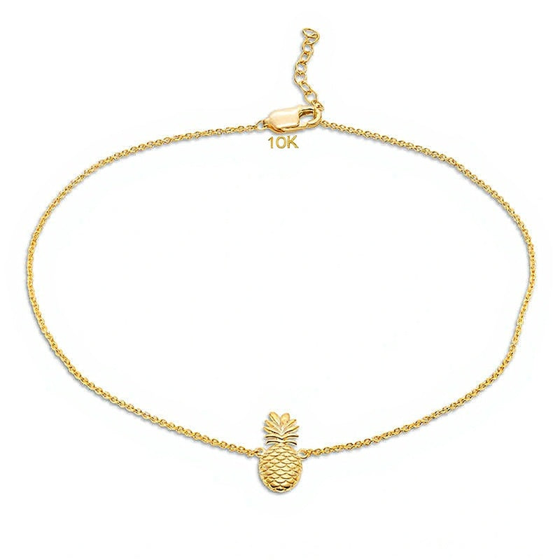 Fußkettchen mit graviertem Ananas-Motiv in 10K Gelbgold - 10"
