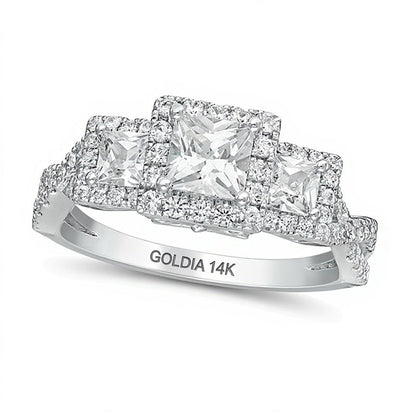 Dreistein-Verlobungsring mit Diamanten im Princess- und Rundschliff 1.5 ct. Gesamtgewicht in 14K Weißgold
