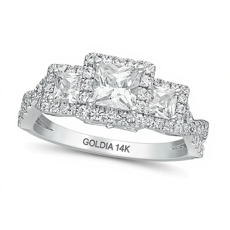 Dreistein-Verlobungsring mit Diamanten im Princess- und Rundschliff 1.5 ct. Gesamtgewicht in 14K Weißgold