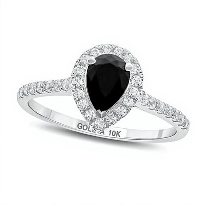 1.0 CT. TW Verlobungsring mit schwarzen und weißen Diamanten im Tropfen- und Rundschliff, Halo-Design, in 10K Weißgold