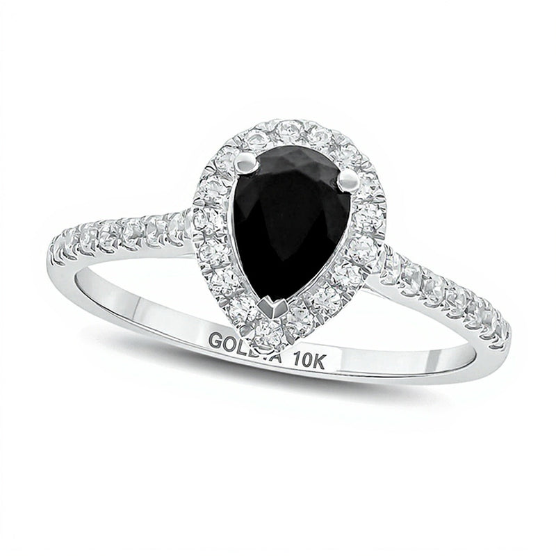 1.0 CT. TW Verlobungsring mit schwarzen und weißen Diamanten im Tropfen- und Rundschliff, Halo-Design, in 10K Weißgold