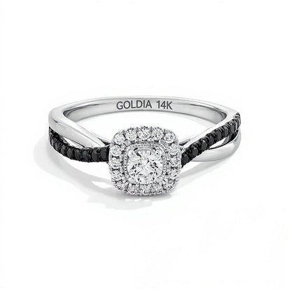 0.5 ct. Gesamtgewicht schwarzer und weißer Diamant Verlobungsring mit Halo im Kissenschliff und Crossover-Ringschiene in 14K Weißgold
