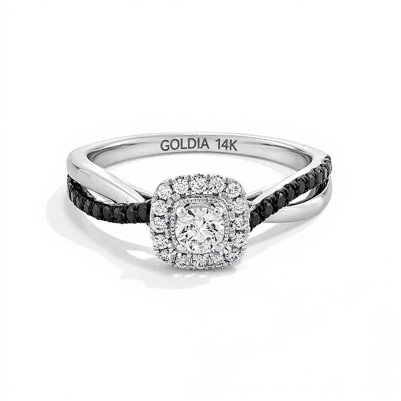 0.5 ct. Gesamtgewicht schwarzer und weißer Diamant Verlobungsring mit Halo im Kissenschliff und Crossover-Ringschiene in 14K Weißgold