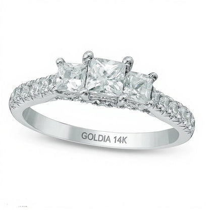 1.2 CT. Gesamtgewicht Dreistein-Ring mit Diamanten im Princess- und Rundschliff in 14K Weißgold (J/I1)