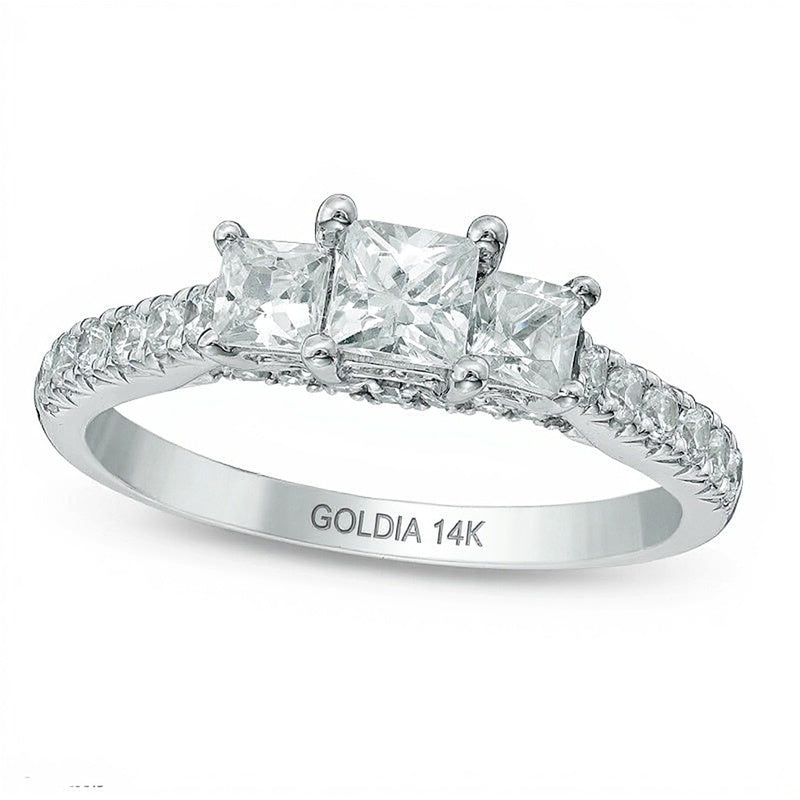 1.2 CT. Gesamtgewicht Dreistein-Ring mit Diamanten im Princess- und Rundschliff in 14K Weißgold (J/I1)