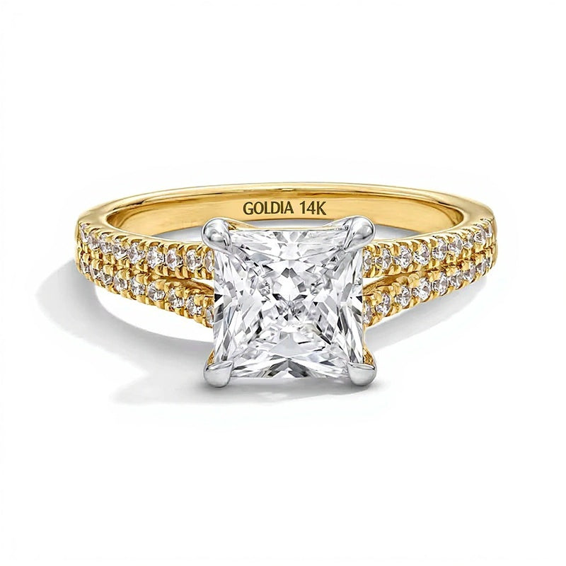2.25 CT. Gesamtgewicht Labordiamant im Princess-Schliff Solitär mit seitlichem Besatz in 14K Gelbgold (F/VS2)