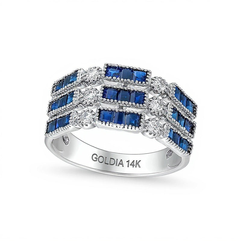 Ring im Vintage-Stil mit blauem Saphir im Baguette-Schliff und Diamant 0,2 ct. Gesamtgewicht in 14K Weißgold