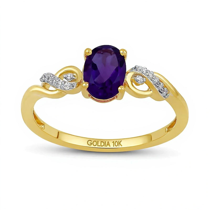 Fashion-Ring mit ovalem Amethyst und Diamant-Besatz in 10K Gelbgold