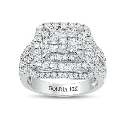 2.0 ct. Gesamtgewicht Verlobungsring mit Diamanten im Princess-, Baguette- und Kissenschliff, mehrreihig, in 10K Weißgold