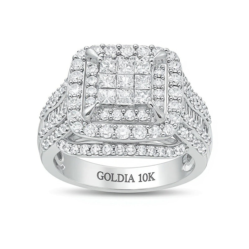 2.0 ct. Gesamtgewicht Verlobungsring mit Diamanten im Princess-, Baguette- und Kissenschliff, mehrreihig, in 10K Weißgold