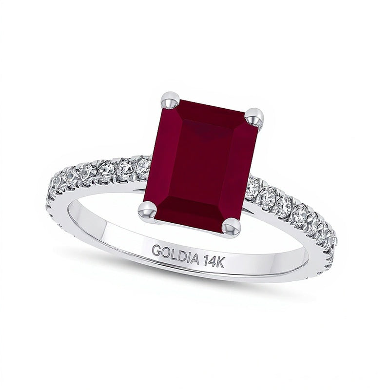 Ring mit Rubin im Smaragdschliff und 0,33 ct. Gesamtgewicht Diamanten in 14K Weißgold