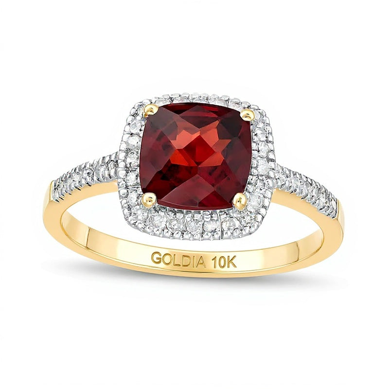 7,0 mm Halo-Ring mit Granat im Kissenschliff und 0,2 ct. Gesamtgewicht Diamanten in 10K Gelbgold