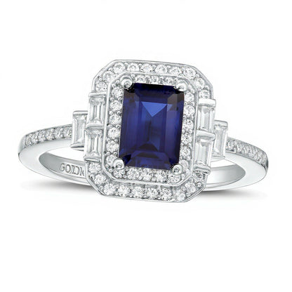 Ring mit blauem Saphir im Smaragdschliff und 0,33 ct. Gesamtgewicht Diamanten in 10K Weißgold