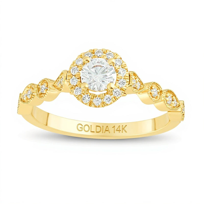 0.38 ct. Gesamtgewicht Diamant Halo Verlobungsring im Vintage-Stil in 14K Gelbgold
