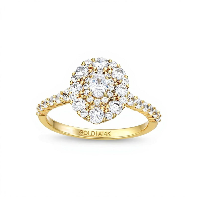 1.0 CT. Gesamtgewicht Halo-Verlobungsring mit ovalen und runden Diamanten in 14K Gelbgold (I/SI2)