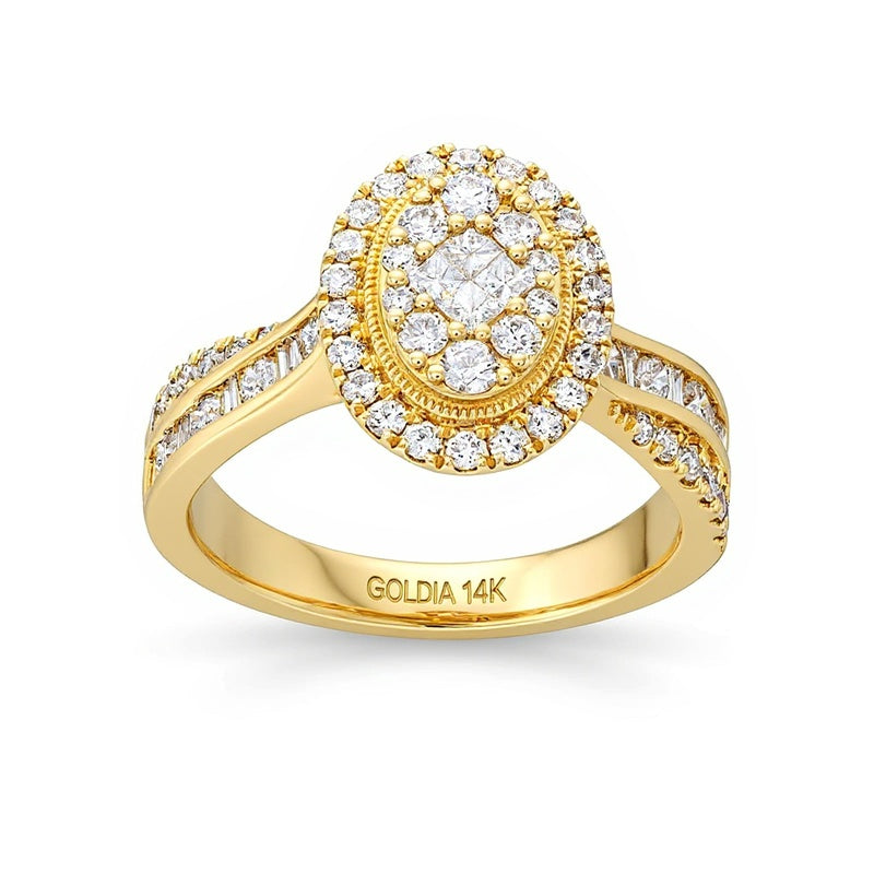Verlobungsring mit mehreren Diamanten 1.0 ct. Gesamtgewicht in oval, Princess und Baguette aus 14K Gelbgold für Damen