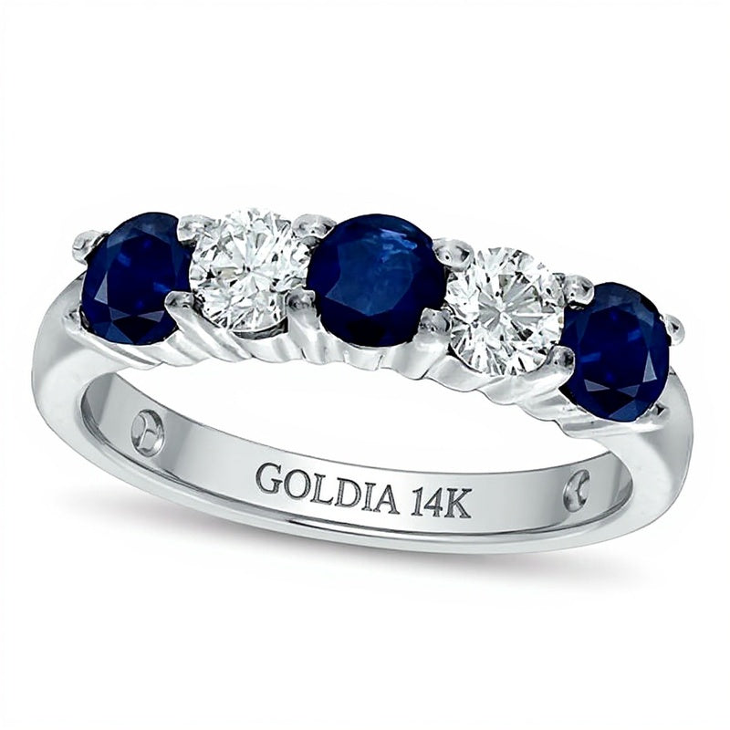 Ring mit blauem Saphir und 0,38 ct. Gesamtgewicht Diamanten, fünf Steine, in 14K Weißgold