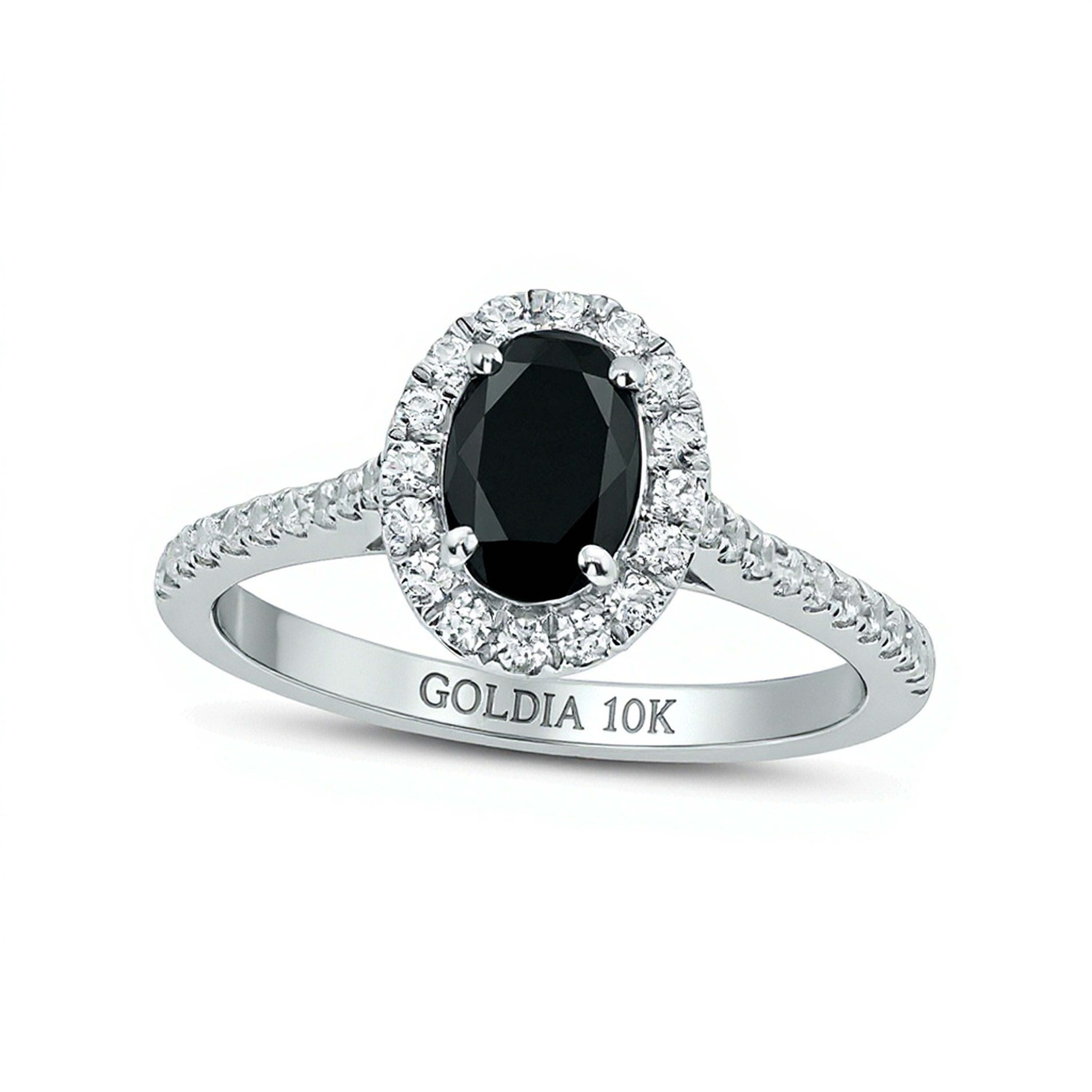 Verlobungsring mit ovalem schwarzem Saphir und Diamanten 0,33 ct. Gesamtgewicht Halo in 10K Weißgold