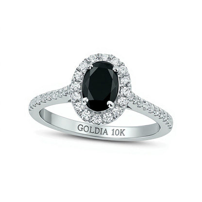Verlobungsring mit ovalem schwarzem Saphir und Diamanten 0,33 ct. Gesamtgewicht Halo in 10K Weißgold