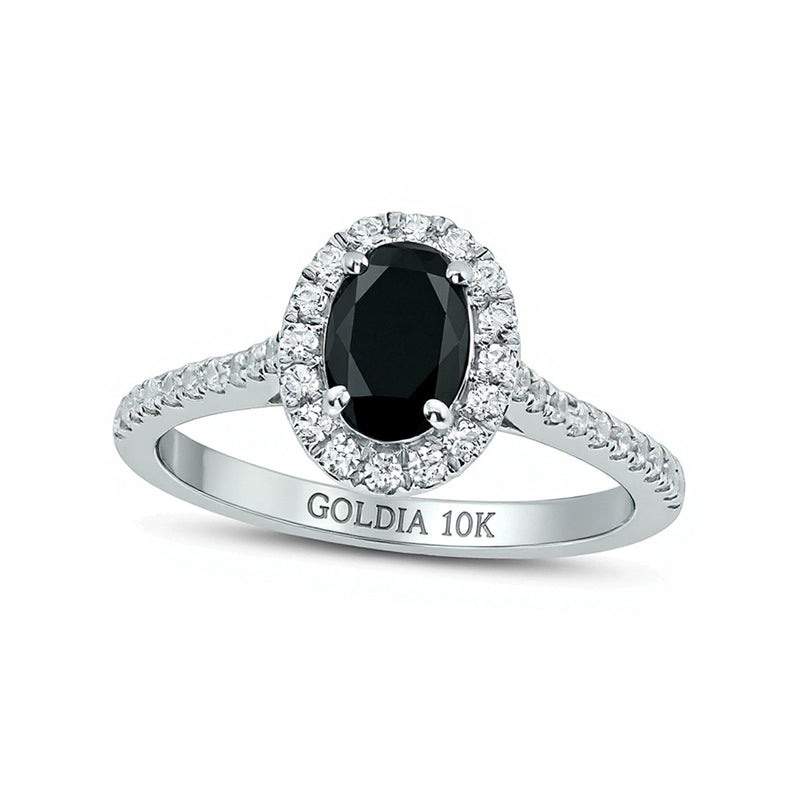 Verlobungsring mit ovalem schwarzem Saphir und Diamanten 0,33 ct. Gesamtgewicht Halo in 10K Weißgold