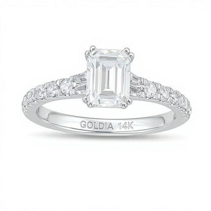 Solitär mit seitlichem Besatz mit Diamant und Smaragd im Smaragdschliff und Baguette 1.33 ct. Gesamtgewicht für Damen aus 14K Weißgold