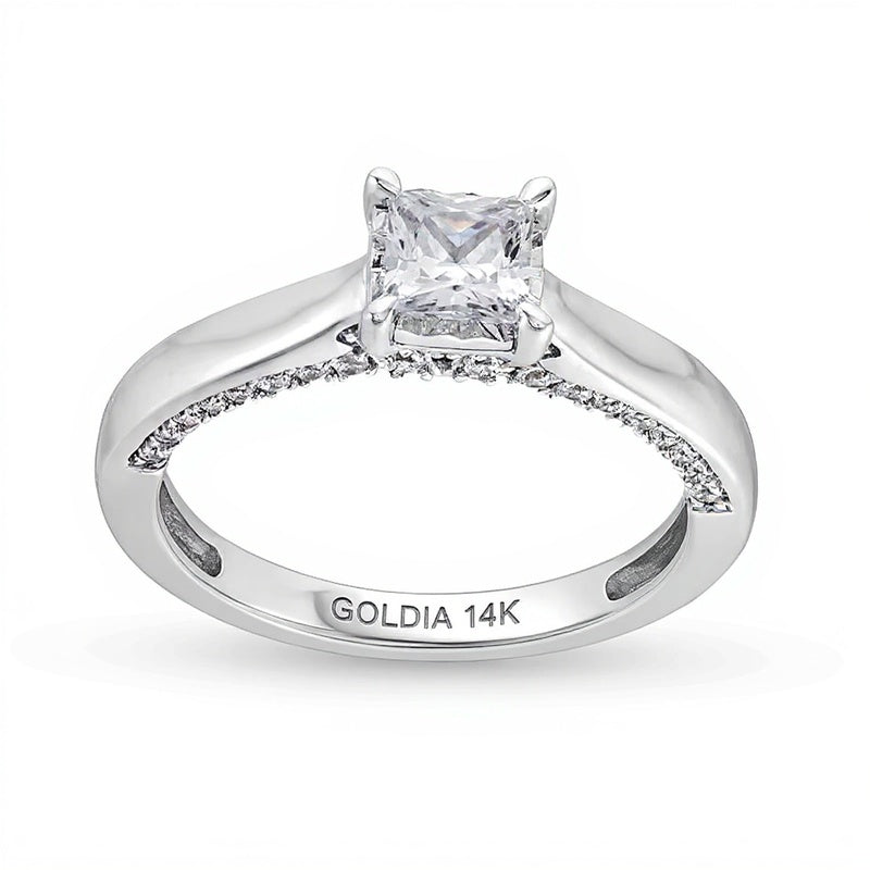 1.0 CT. Gesamtgewicht Solitär-Verlobungsring mit Diamanten im Princess- und Rundschliff in 14K Weißgold (I/I2)