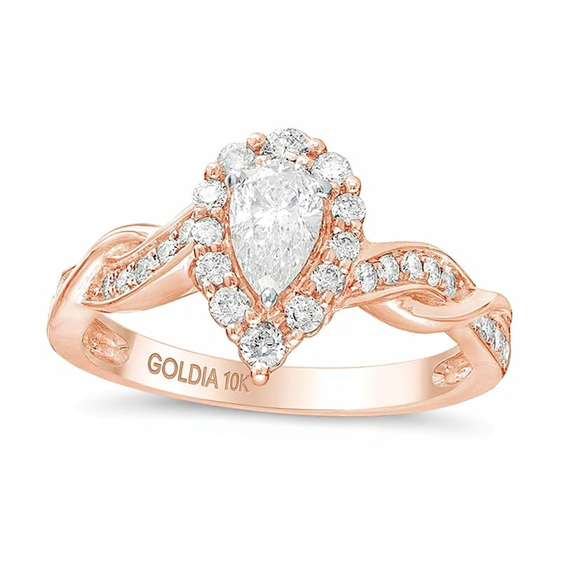 0,75 ct. Gesamtgewicht Verlobungsring mit tropfenförmigem Diamant und Halo in 10K Roségold für Damen