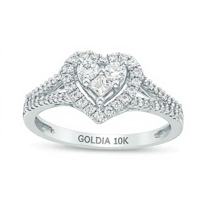 0,5 ct. Gesamtgewicht Ring mit Diamanten im Princess-, Rund- und Herzschliff, Herz-Rahmen, aus 10K Weißgold