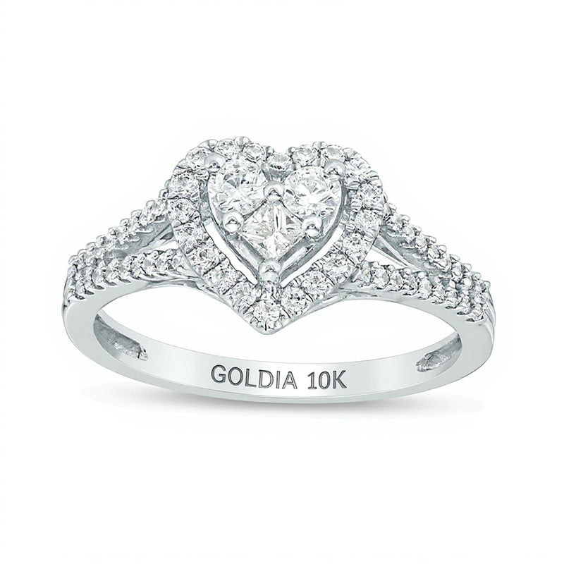 0,5 ct. Gesamtgewicht Ring mit Diamanten im Princess-, Rund- und Herzschliff, Herz-Rahmen, aus 10K Weißgold
