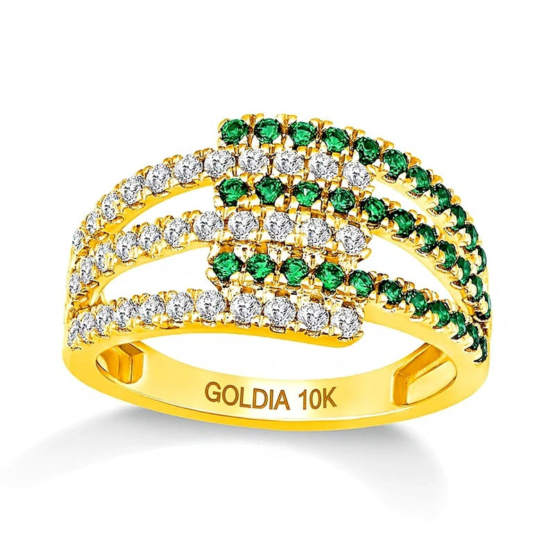 Fashion-Ring mit Smaragd und 0,5 ct. Gesamtgewicht Diamanten, mehrreihig mit offener Ringschiene, in 10K Gelbgold