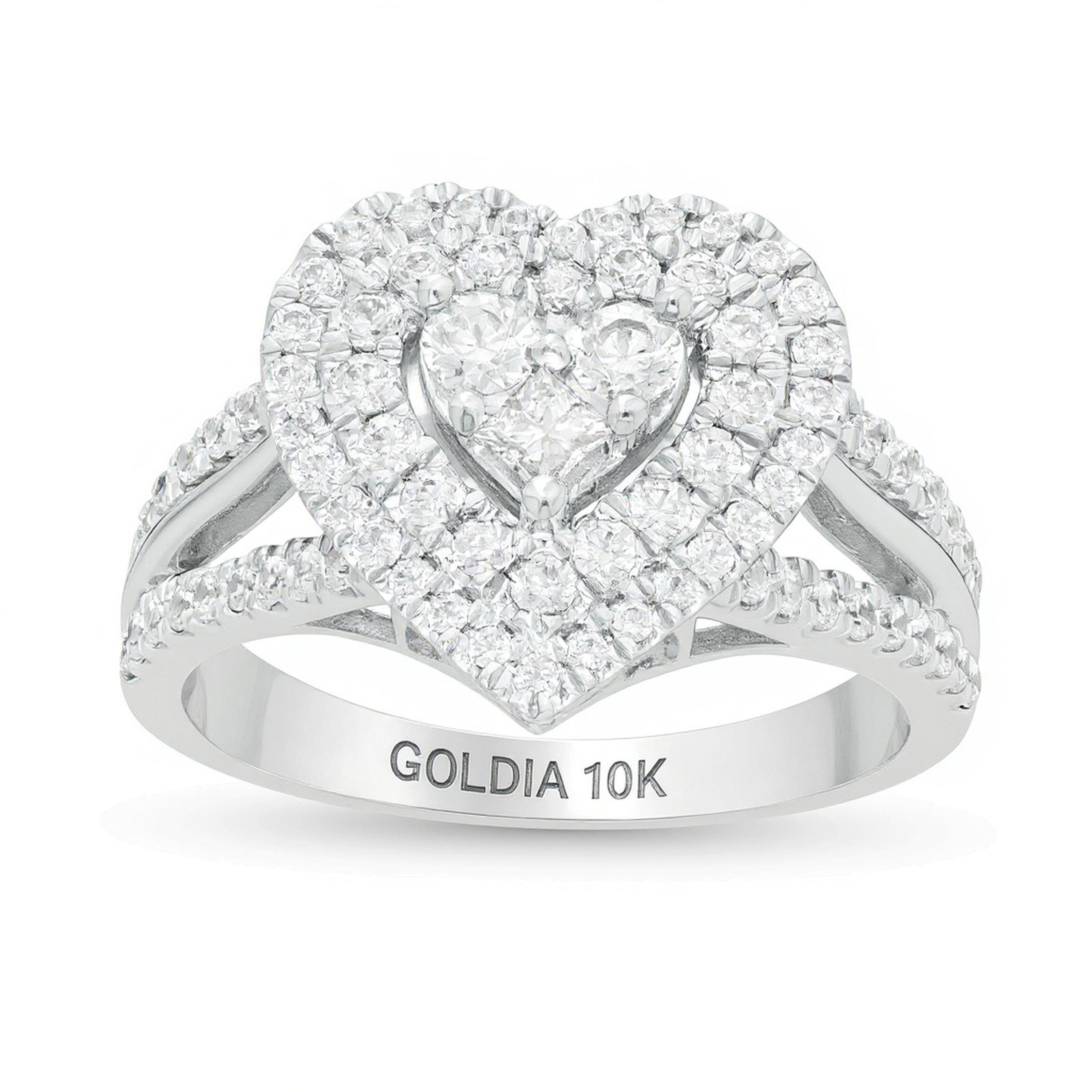 Herzförmiger Ring mit mehreren Diamanten, doppeltem Rahmen und geteilter Schiene, 1.0 CT. Gesamtgewicht, in 10K Weißgold
