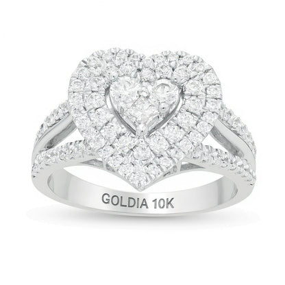 Herzförmiger Ring mit mehreren Diamanten, doppeltem Rahmen und geteilter Schiene, 1.0 CT. Gesamtgewicht, in 10K Weißgold
