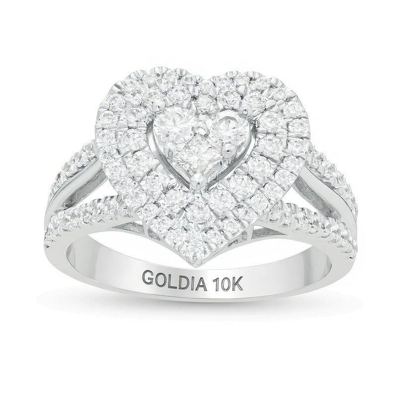 Herzförmiger Ring mit mehreren Diamanten, doppeltem Rahmen und geteilter Schiene, 1.0 CT. Gesamtgewicht, in 10K Weißgold