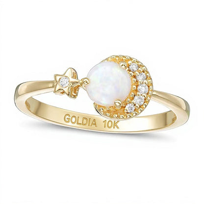 Ring mit 5,0mm Opal und Diamant-Besatz Mond und Stern in 10K Gelbgold